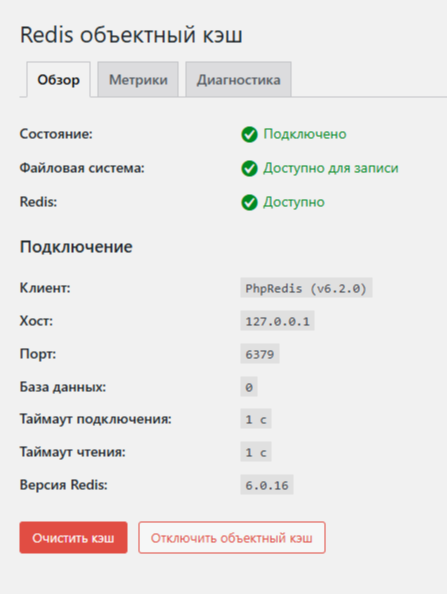 Активированный плагин Redis для WordPress